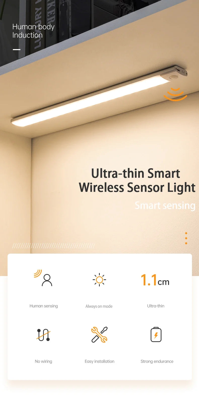 Wireless Rechargeable Motion Sensor Cabinet Light – USB LED Bar